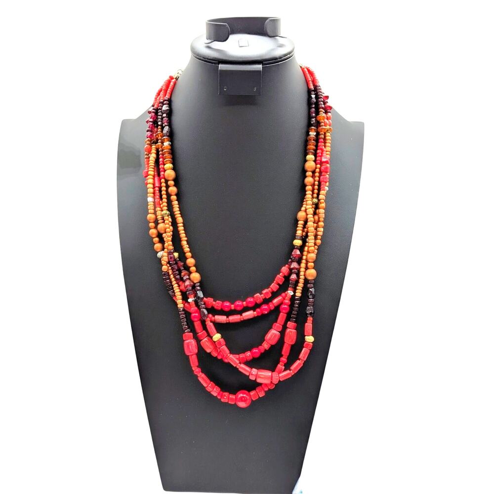 Chico's Five Strand Red Gold Silver Bronze Purple Stone Bead 22"-26" Necklace - Picture 11 of 11